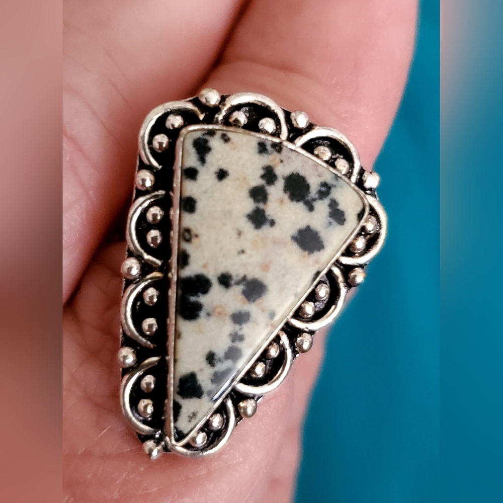 NEW Dalmatian Jasper natural stone Ring Size 7 1/2   .925 overlay - Picture 5 of 6